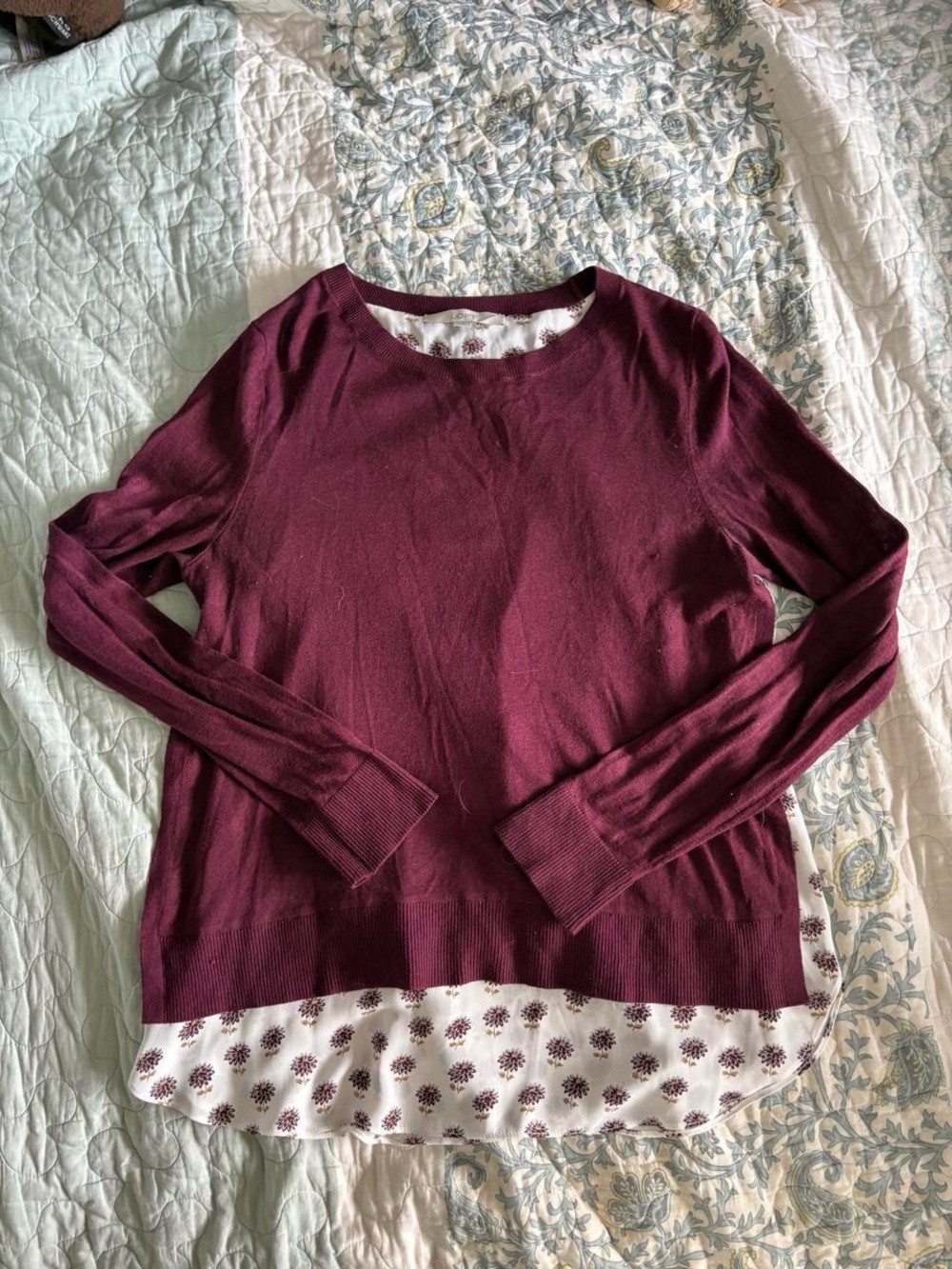 Women's Long Sleeve Layered Hem Sweater - Burgundy and Floral